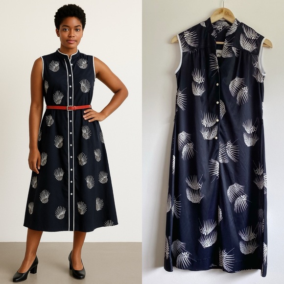 Vintage Dresses & Skirts - Vintage Pleskin Black White Leaf Print Dress